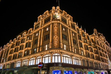 Harrods Department Store, London England. Christmas lights
