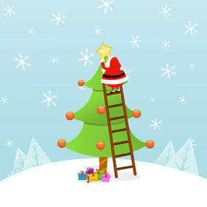 Santa on a ladder, putting the star on a Christmas tree